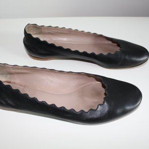 Chloe Black Leather Scalloped Ballet Flats 39.5